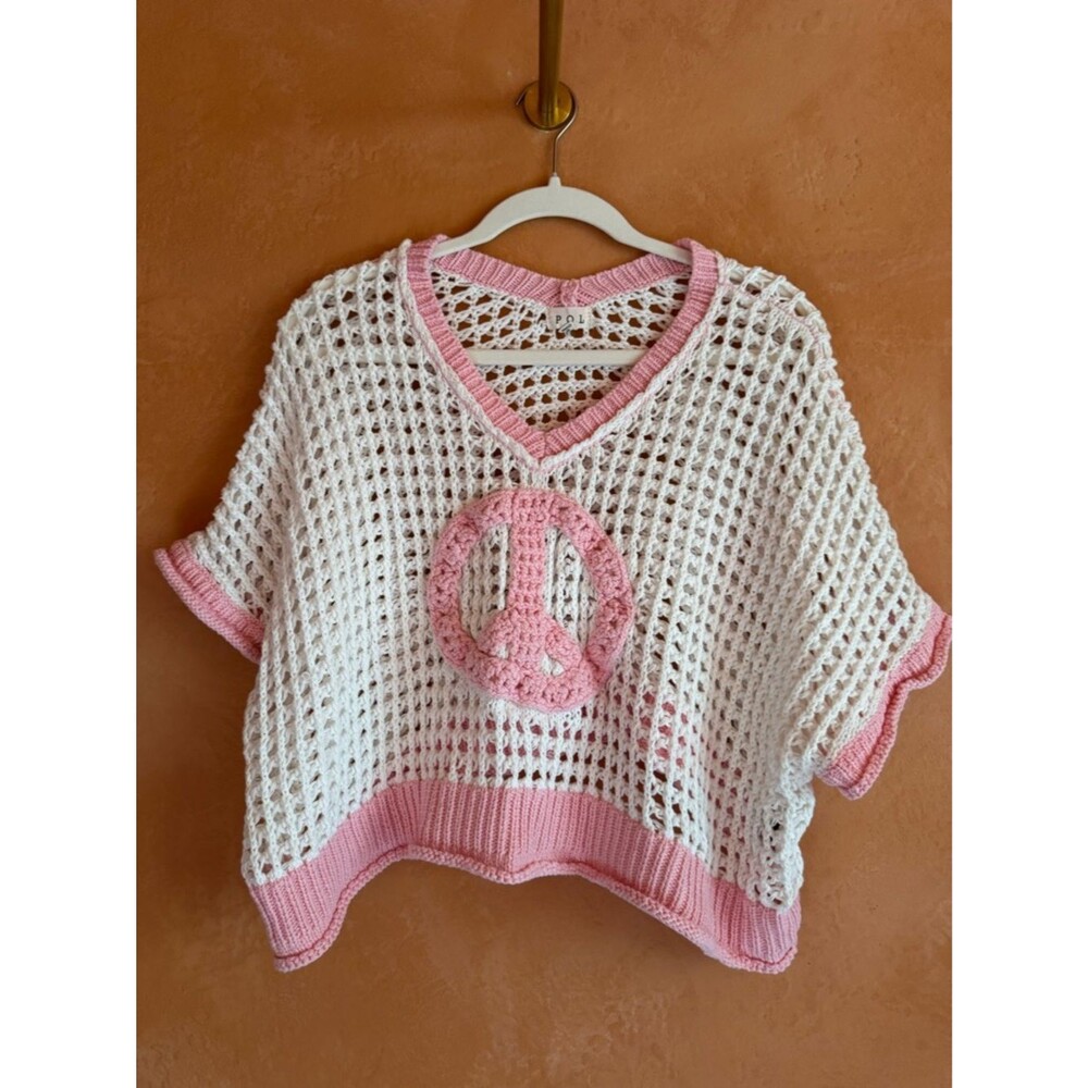 POL Crochet Peace Sign Sweater Open Knit Boho Festival Top Small